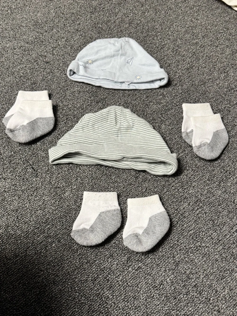 Carter's Baby Hats and Socks Set in Light Blue, White, Gray